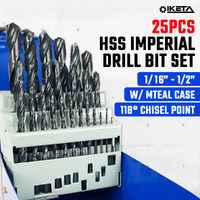 25PCS Twist Drill Bits Kit Imperial HSS High Quality Set 1/16"-1/2" W/ Case