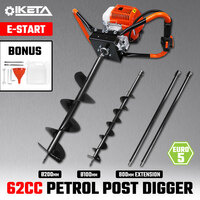IKETA Post Hole Digger Earth Auger Ground Drill 62CC Petrol Borer Fence Bits